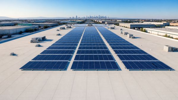 Solar panels mounted on a gray house roof under a partly cloudy sky