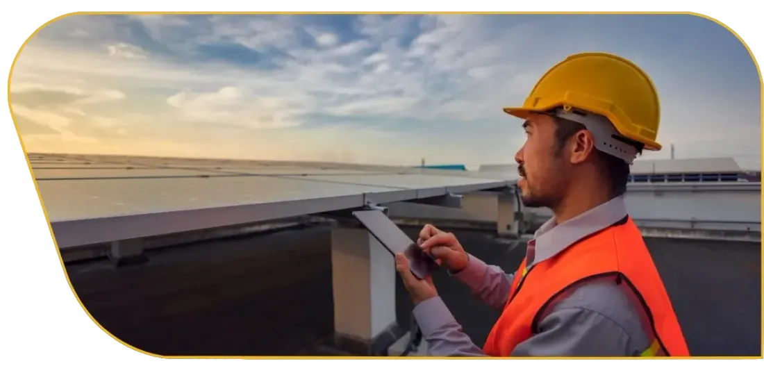 Worker in a yellow hard hat and orange vest inspecting equipment on a rooftop at sunset
