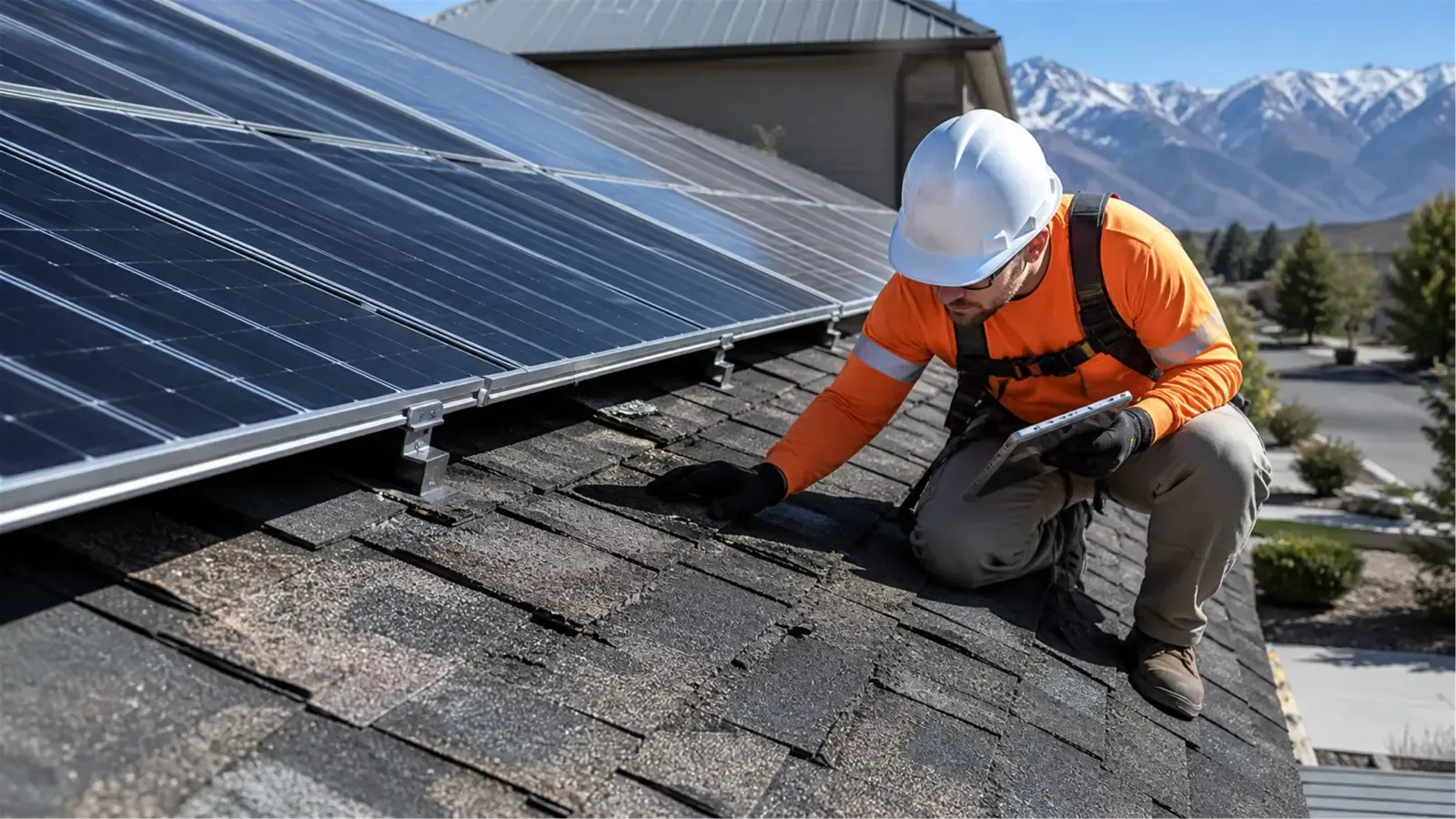 Worker in orange safety vest inspects roof beside solar panels on a sunny day