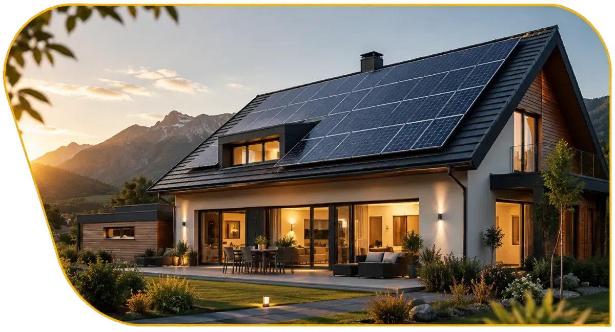 Modern house with solar panels at sunset, warm lights glowing, surrounded by mountains and trees