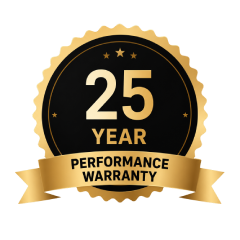 25-year performance warranty badge with gold ribbon and black center