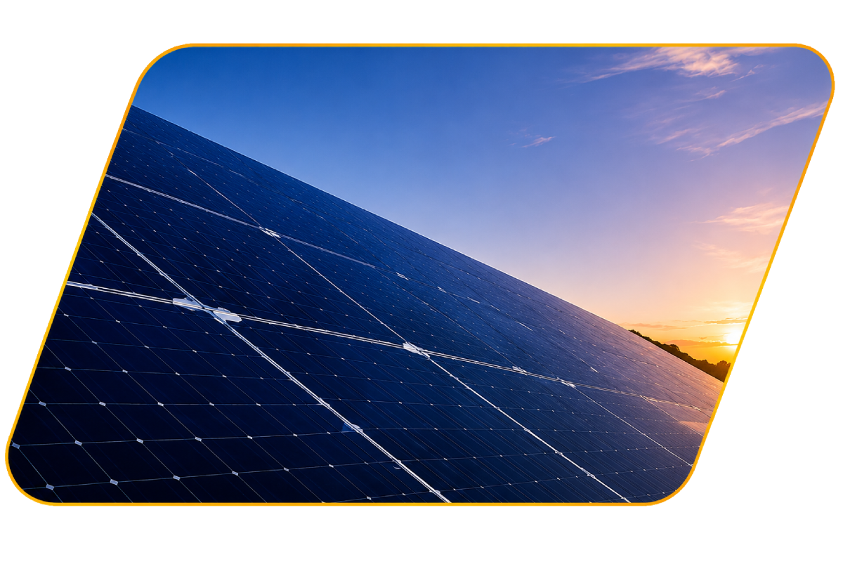 Solar panels angled toward a sunset under a blue-orange sky