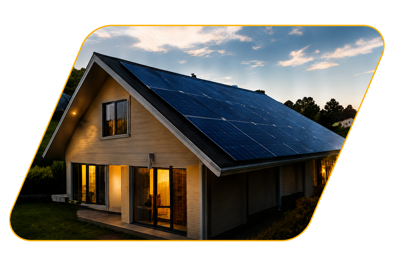 Modern house with solar panels on the roof at dusk