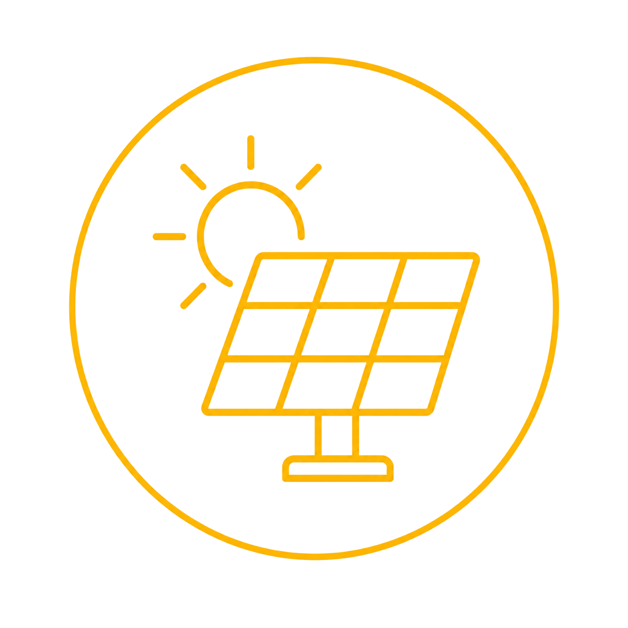 Orange outline icon of a solar panel with sun inside a circle