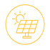 Orange line icon of a solar panel with sun inside a circle