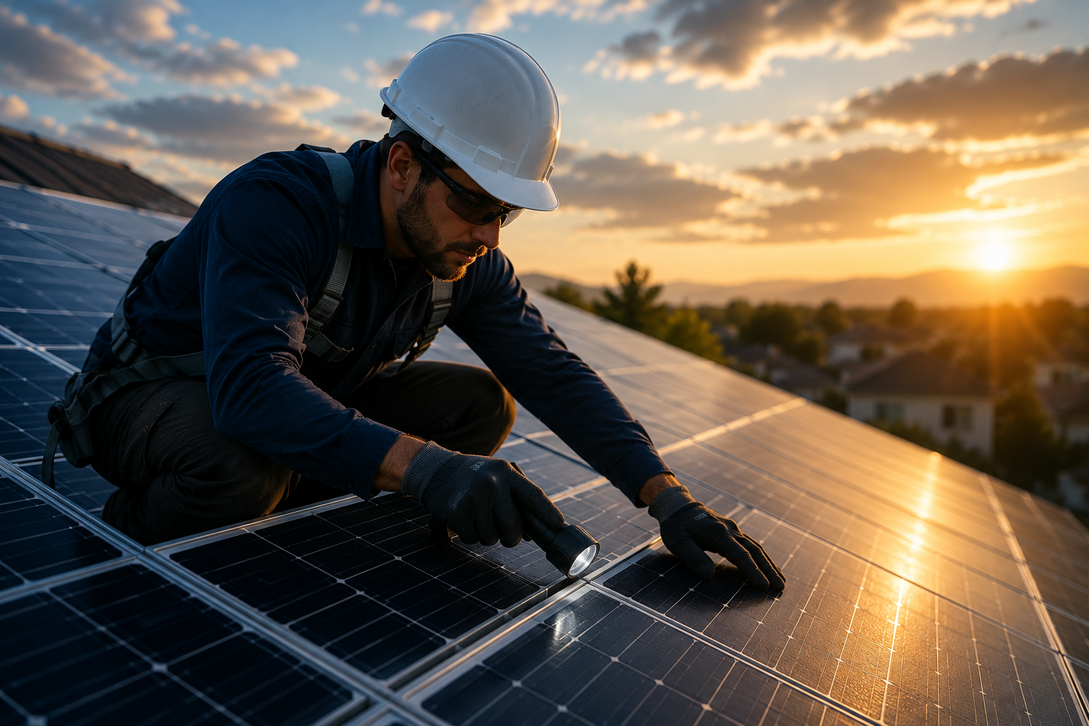 Worker in a hard hat installing solar panels on a rooftop at sunset.