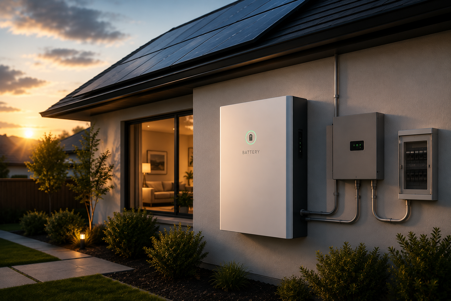 Modern house exterior with rooftop solar panels and a wall-mounted battery at sunset