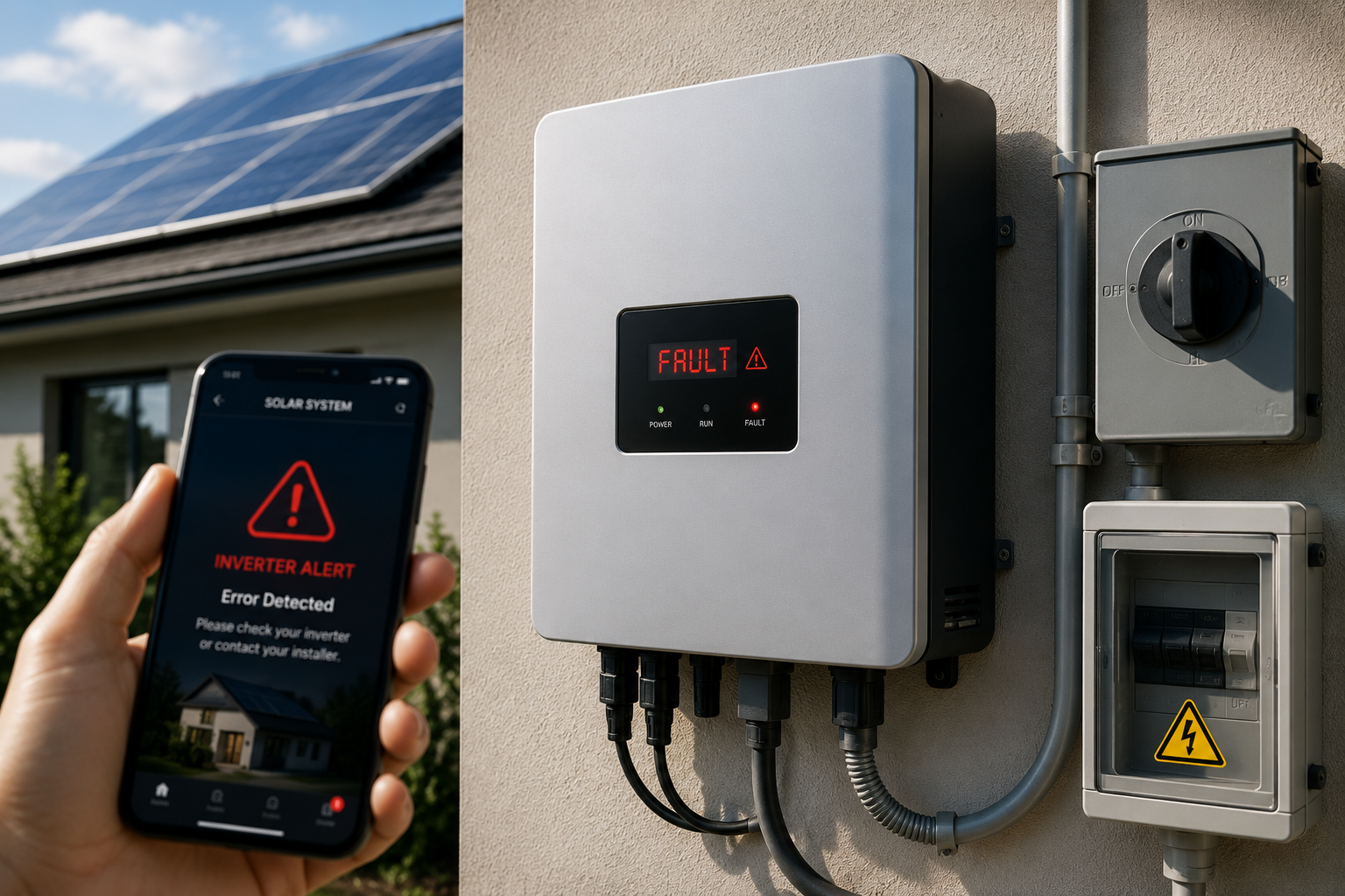 Hand holding phone showing power alert beside solar inverter and electrical meter on a home wall