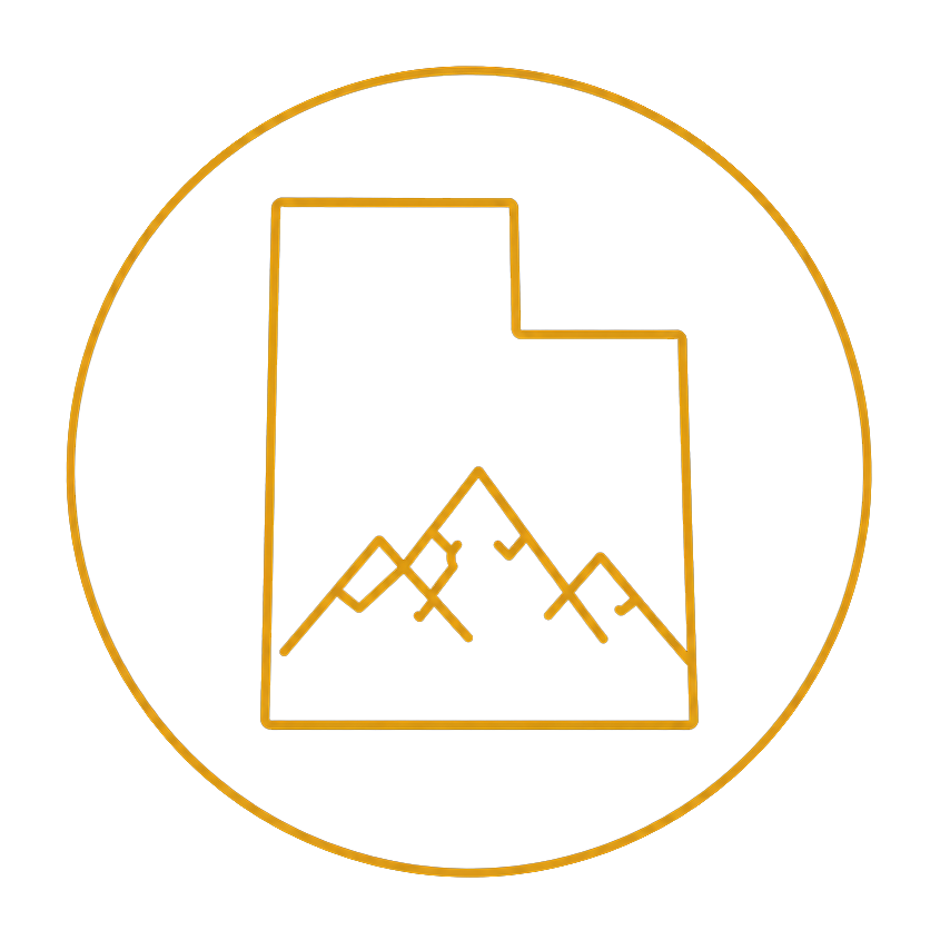 Gold outline of a file icon with mountain peaks inside a circle on a white background