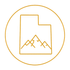 Gold outline of a folder with mountain peaks inside, inside a gold circle icon