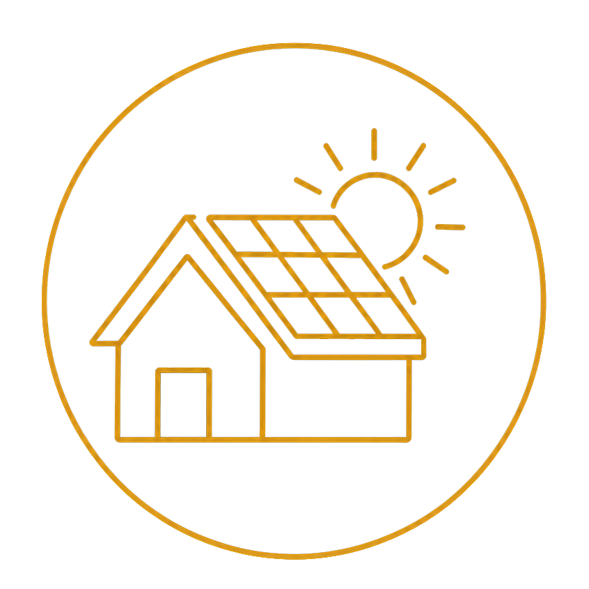 Gold outline of a house with solar panels and sun inside a circle icon