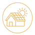 Orange line icon of a house with solar panels and sun inside a circle