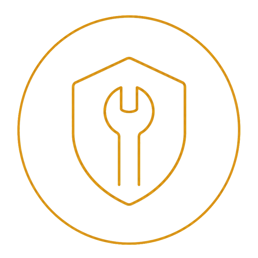 Gold shield with wrench icon inside a circle on a white background