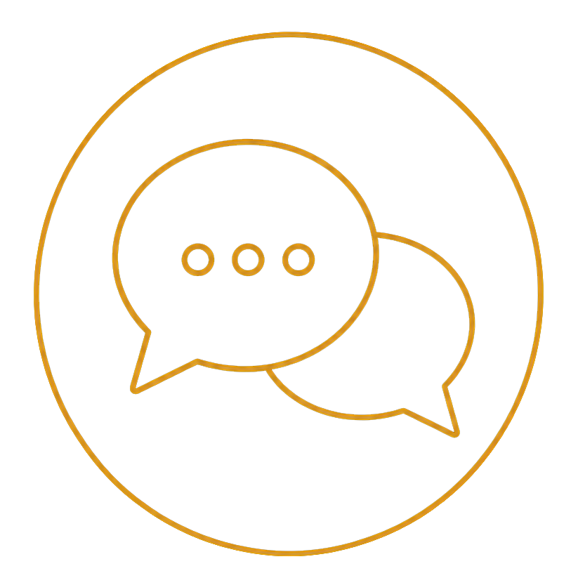 Gold outline of two overlapping chat bubbles inside a circle on a white background