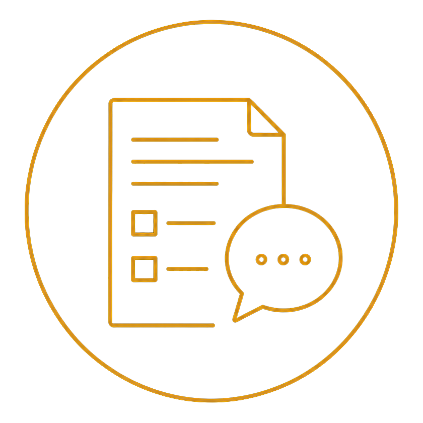 Gold line icon of a document with checkboxes and a speech bubble inside a circle