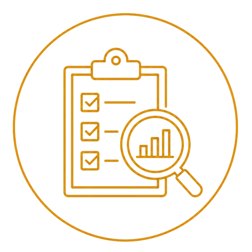 Orange line icon of a clipboard checklist with a magnifying glass and bar chart inside a circle