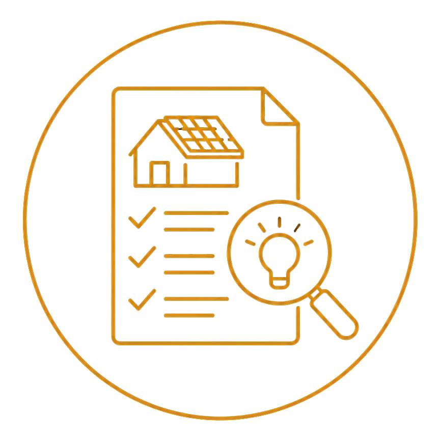 Orange line icon of a house on a checklist with a magnifying glass and lightbulb inside a circle