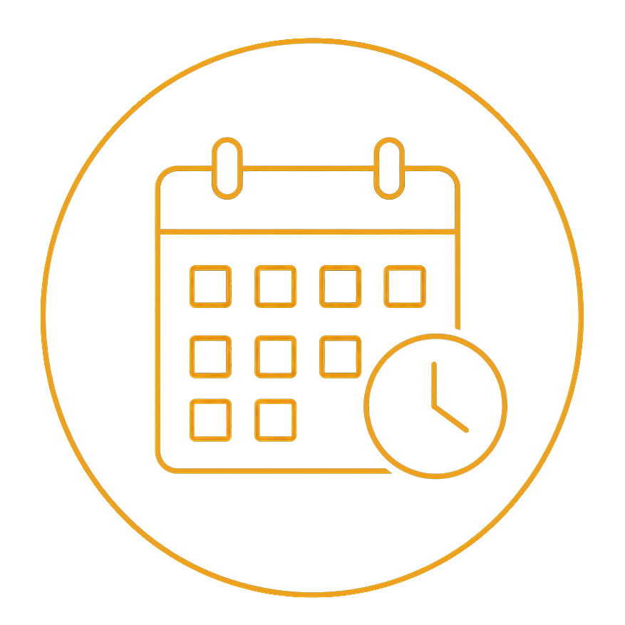 Orange outlined calendar with a small clock, representing scheduling or time management