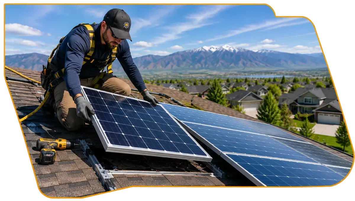 Worker installing solar panels on a rooftop with mountains and a suburban neighborhood in the background
