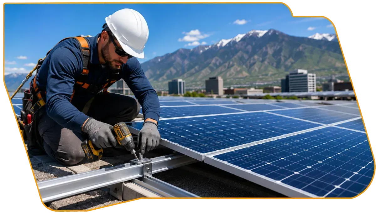 Worker in a hard hat installing solar panels on a rooftop with mountains in the background