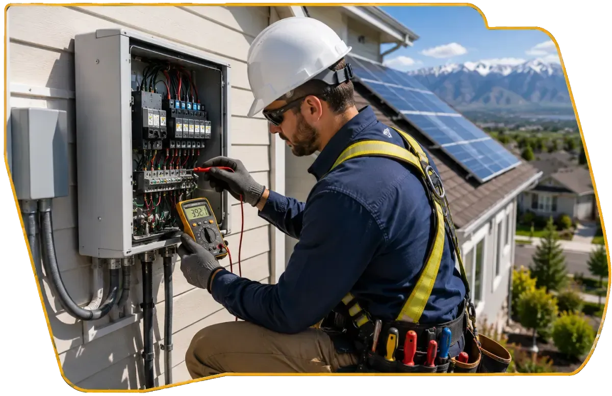 Technician repairing an outdoor electrical panel beside rooftop solar panels on a sunny day