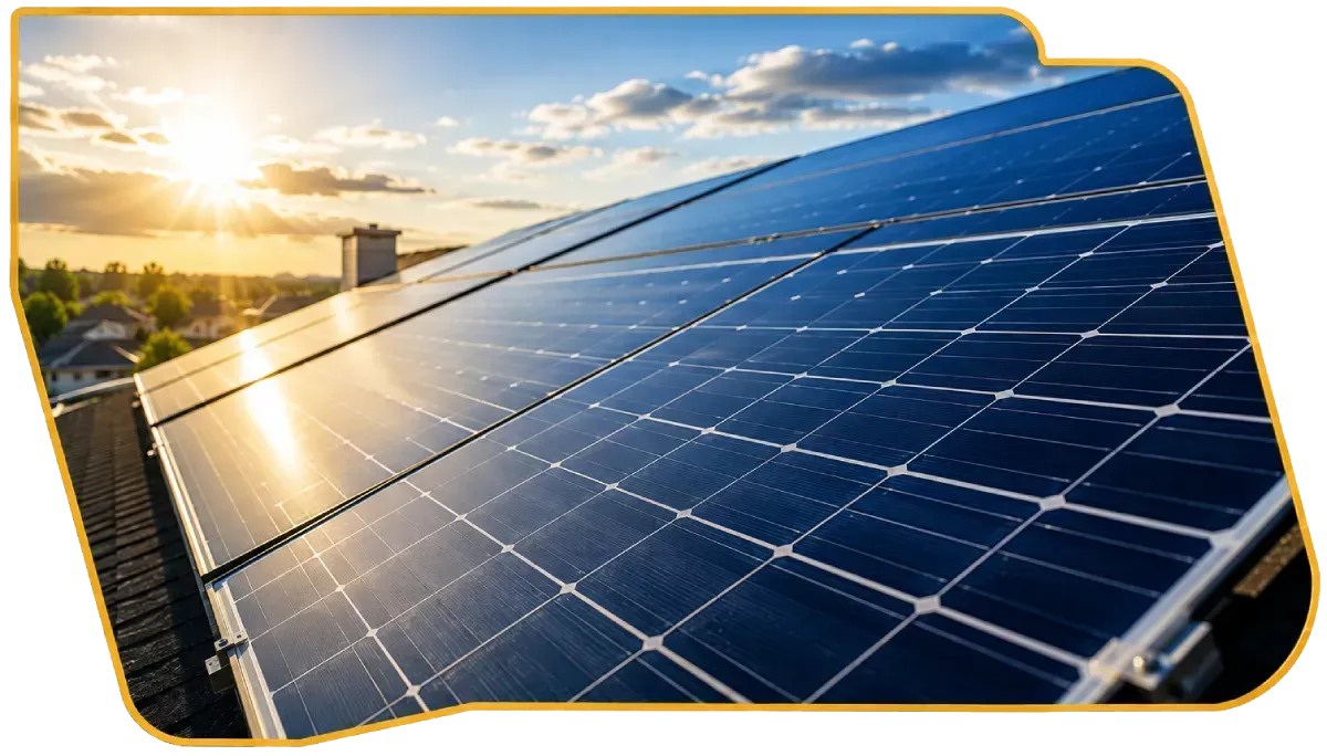 Solar panels reflecting sunset light on a rooftop against a partly cloudy sky