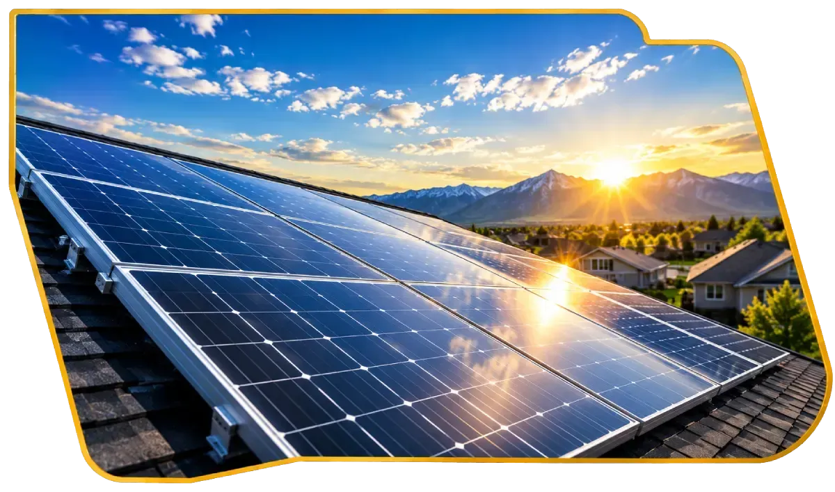 Solar panels at sunrise with mountains and blue sky in the background