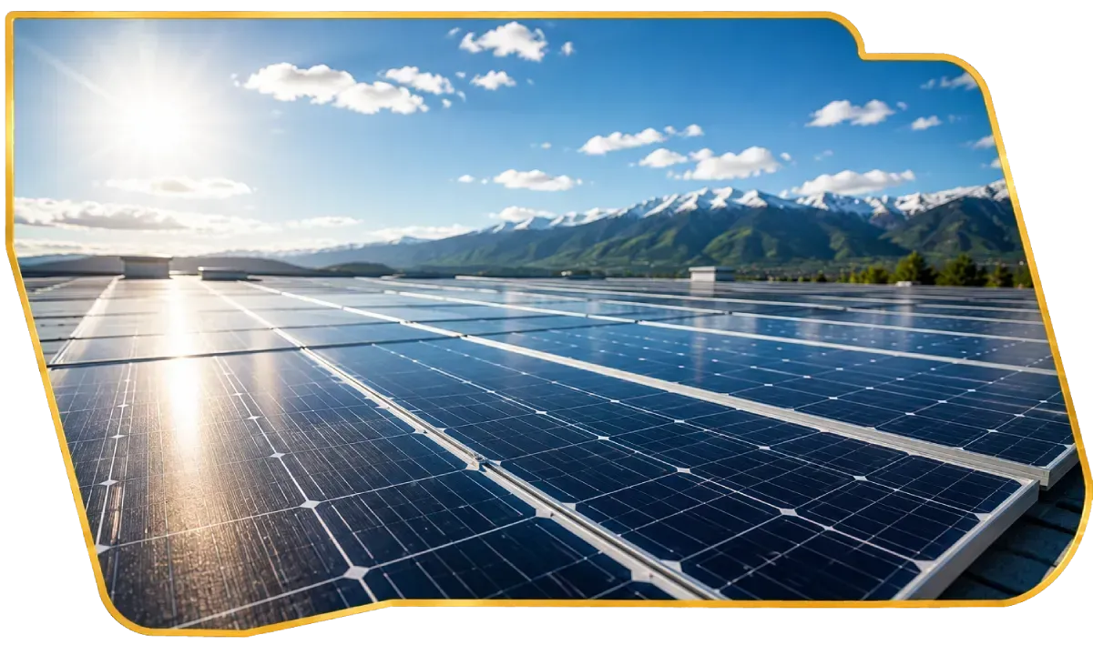 Solar panels on a rooftop with mountains and blue sky in the background, sunlight reflecting off the panels