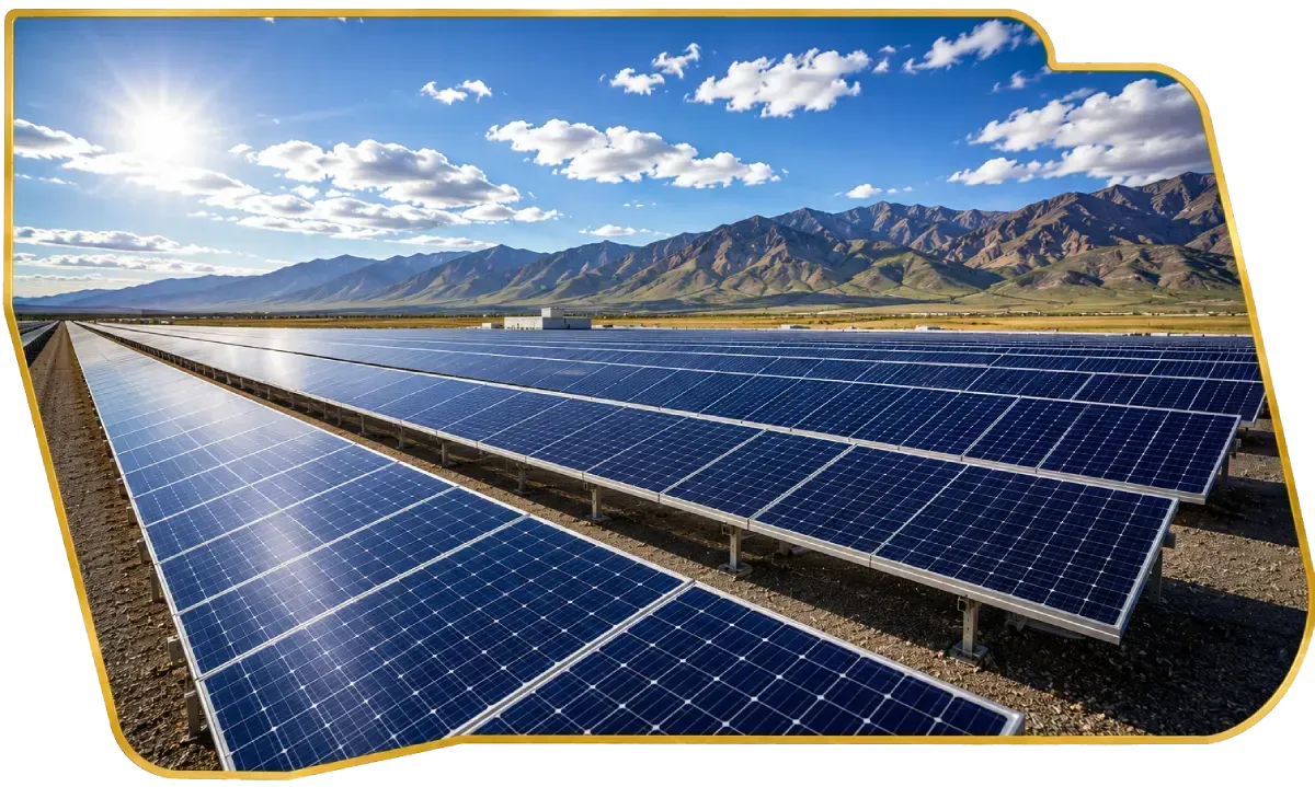 Solar panels in a desert field with mountains and blue sky in the background