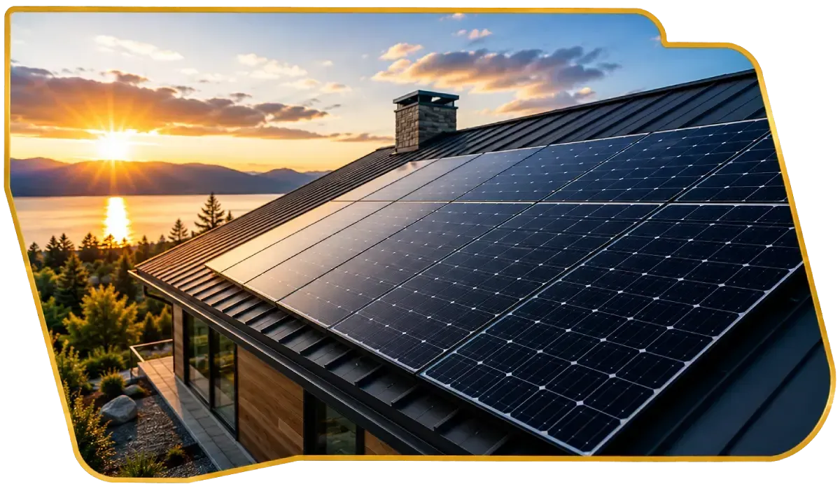 Sunset over a modern house with solar panels on the roof by a lake