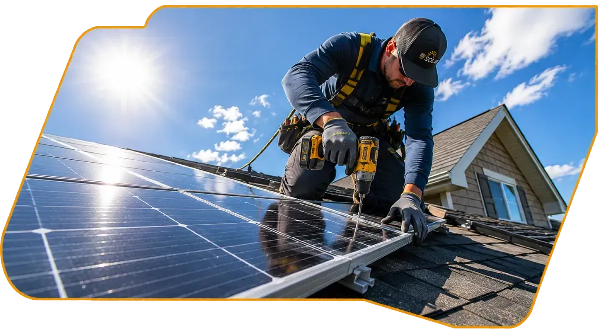Technician installing solar panels on a rooftop under a bright blue sky