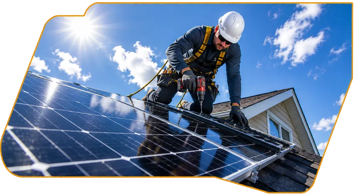 Worker in hard hat installing solar panels on a rooftop under a bright blue sky.