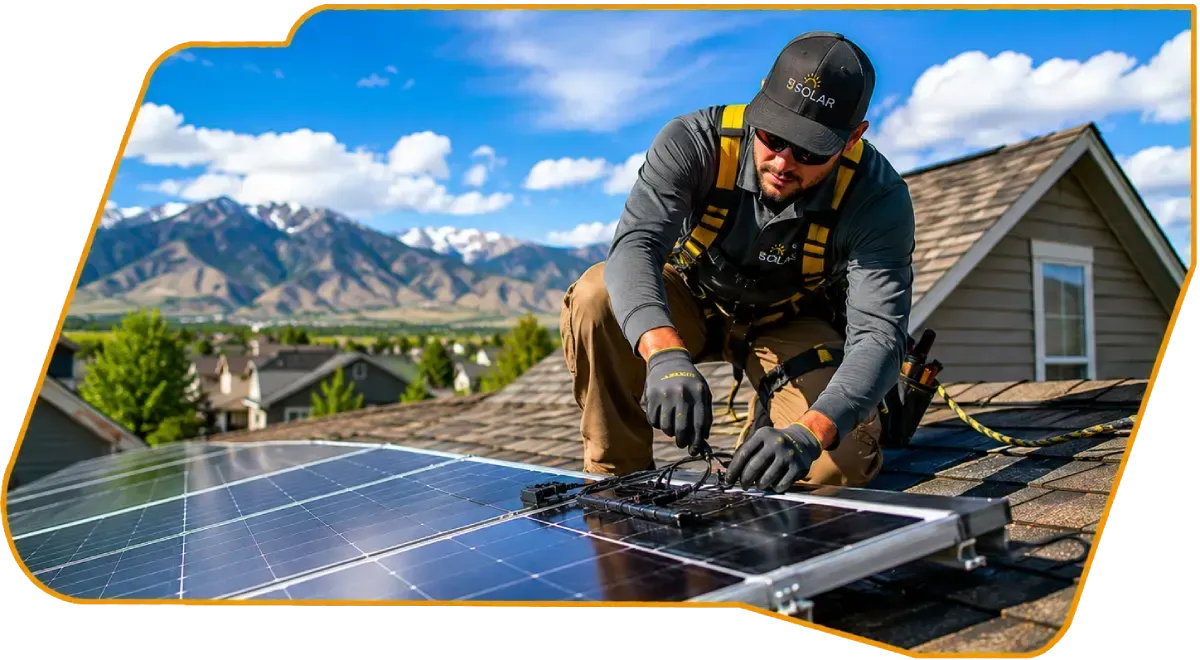 Worker installing solar panels on a rooftop with mountains and houses in the background