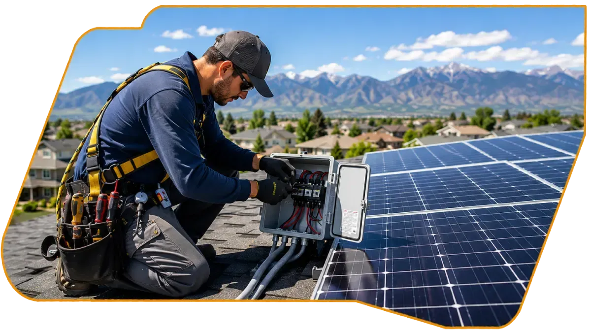 Technician kneeling beside solar panels, inspecting equipment with mountains and blue sky in the background