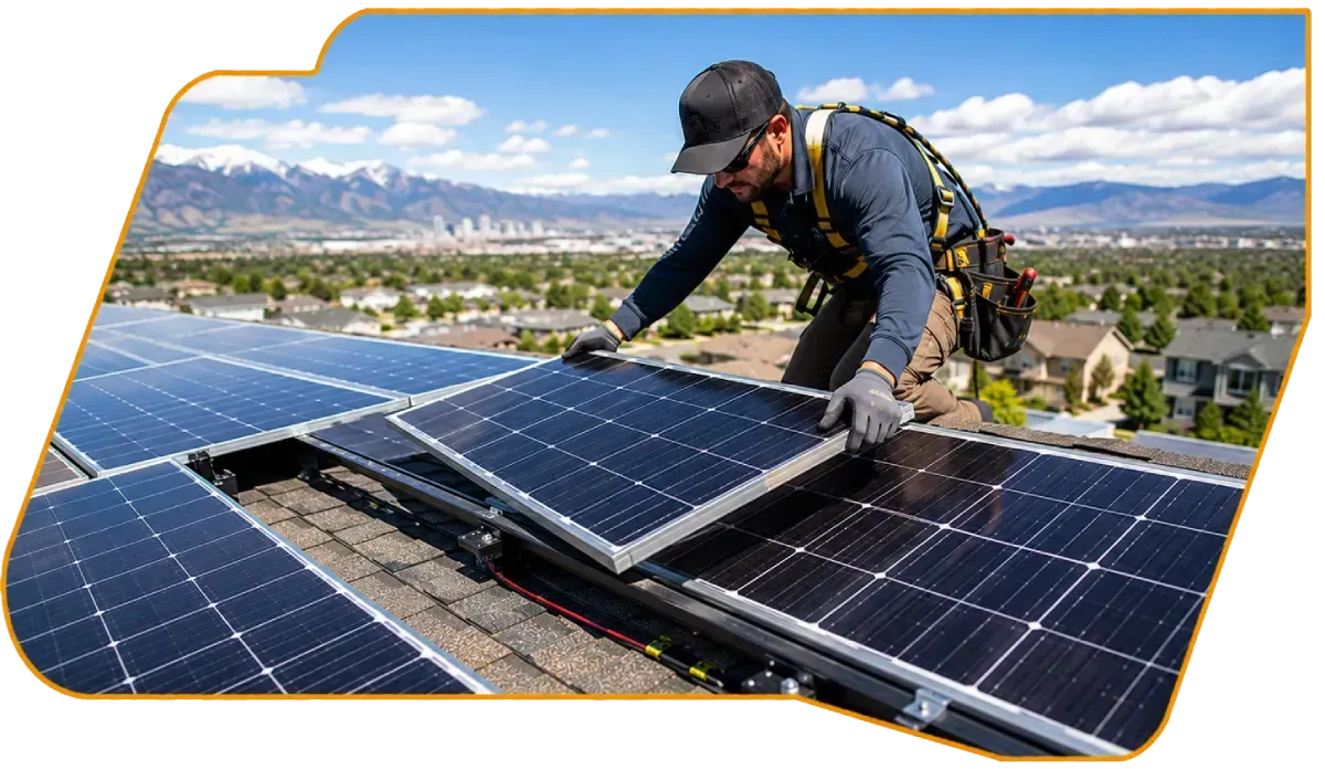 Worker installing solar panels on a rooftop with mountains and city in the background