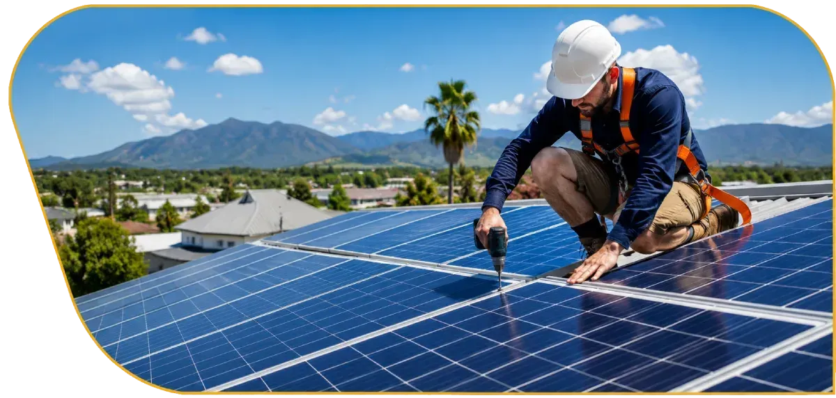 Worker installing rooftop solar panels under a blue sky with mountains in the background