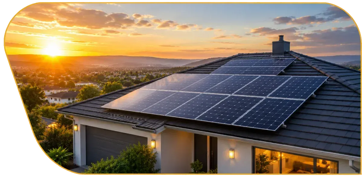 Solar panels on a roof at sunset overlooking a hilly landscape
