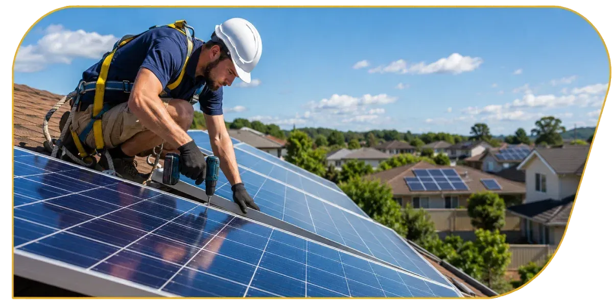 Worker installing solar panels on a rooftop under a blue sky