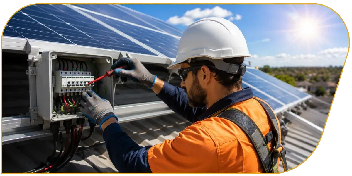 Technician in hard hat wiring a solar panel inverter outdoors under bright sunlight