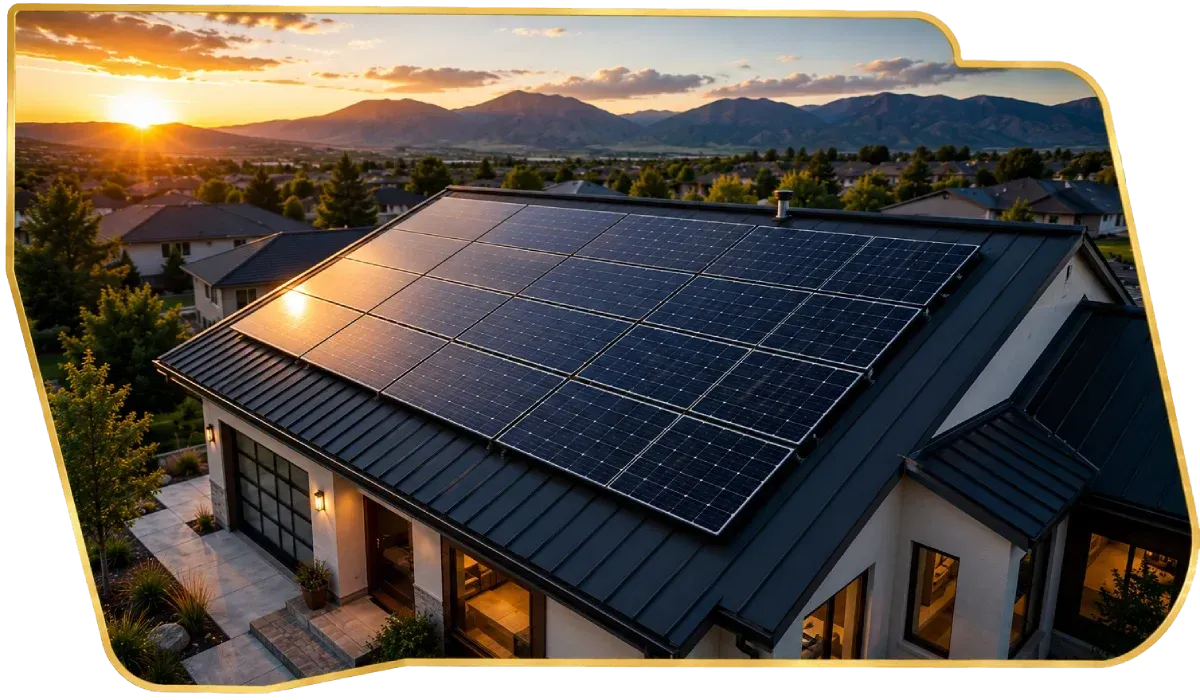 Sunset view of a house rooftop covered with solar panels in a suburban neighborhood