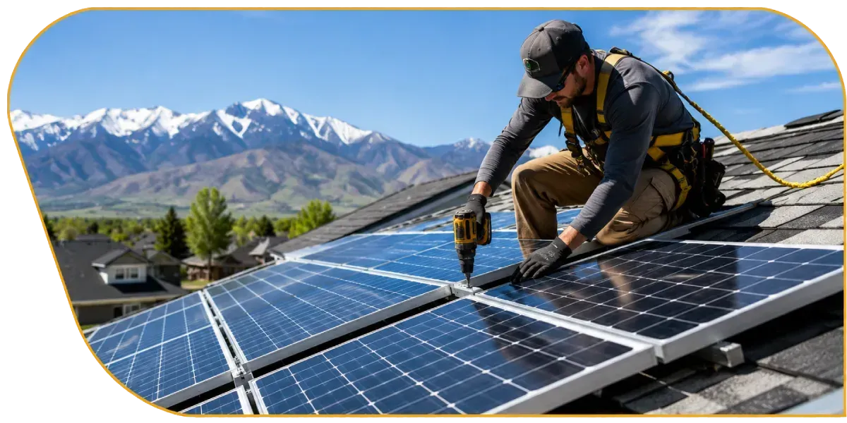 Worker installing solar panels on a rooftop with mountains in the background