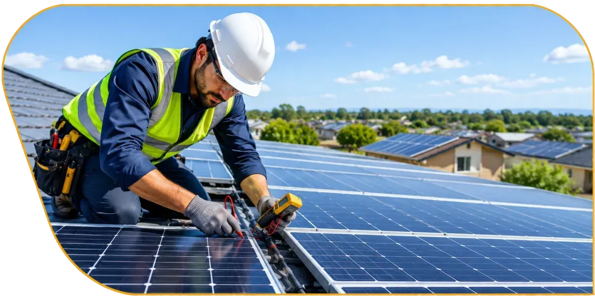 Worker in hard hat cleaning solar panels on a rooftop under a blue sky