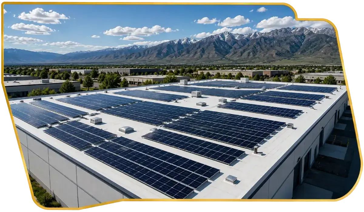 Solar panels on a rooftop with mountains and blue sky in the background