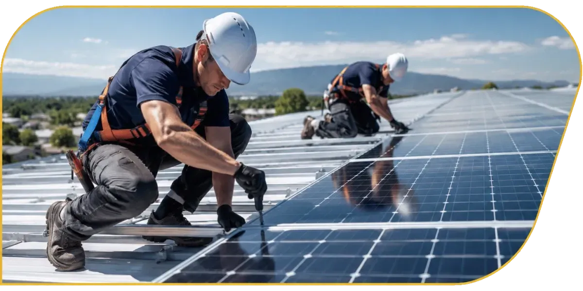 Workers installing solar panels on a rooftop under a clear sky