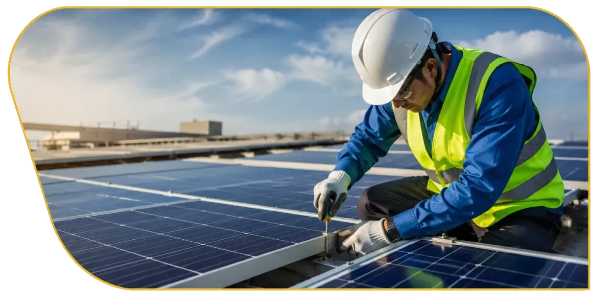 Worker in hard hat and safety vest installing solar panels on a rooftop