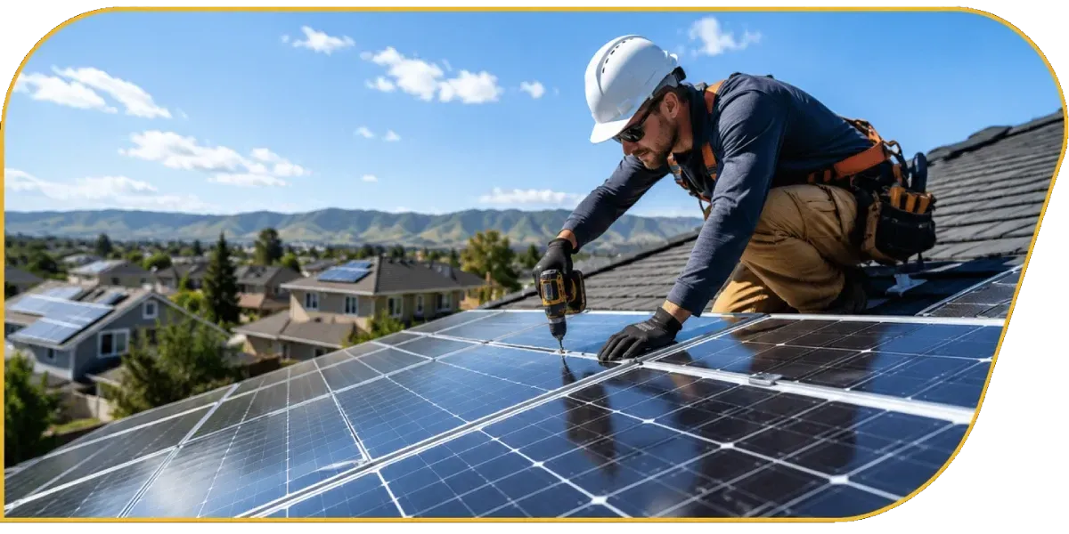Worker installing solar panels on a rooftop with a city and mountains in the background