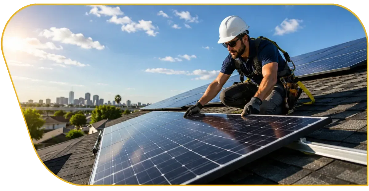 Worker installing solar panels on a rooftop with a city skyline in the background