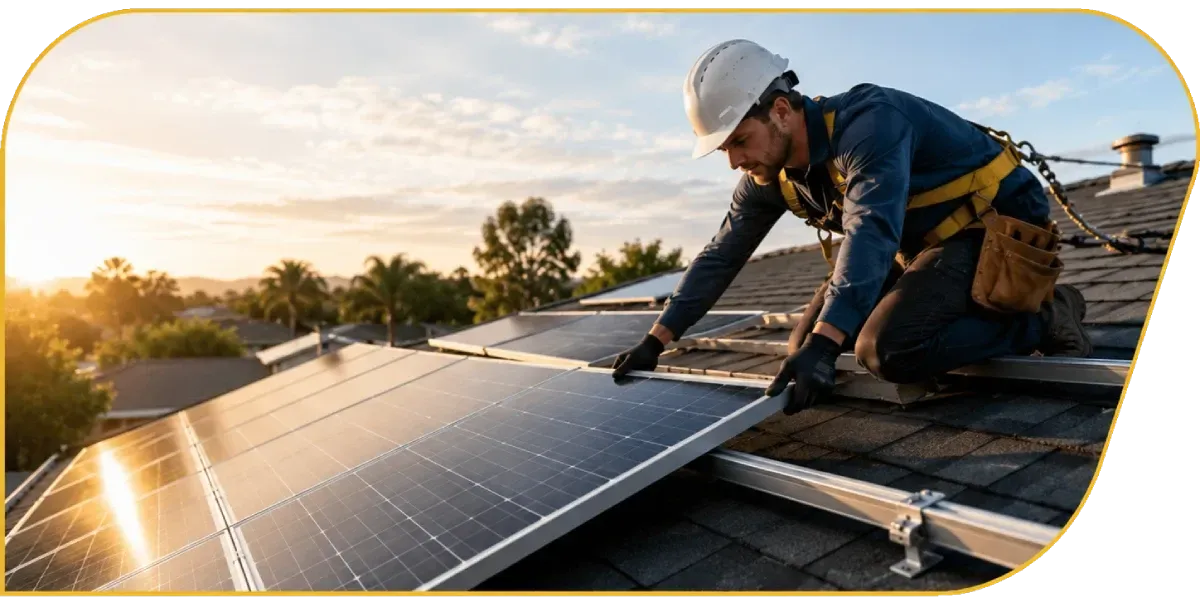 Worker installing solar panels on a rooftop at sunset