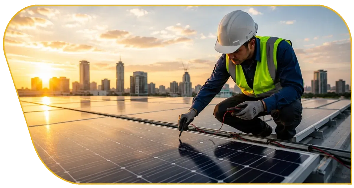 Worker installing solar panels on a rooftop at sunrise with a city skyline in the background