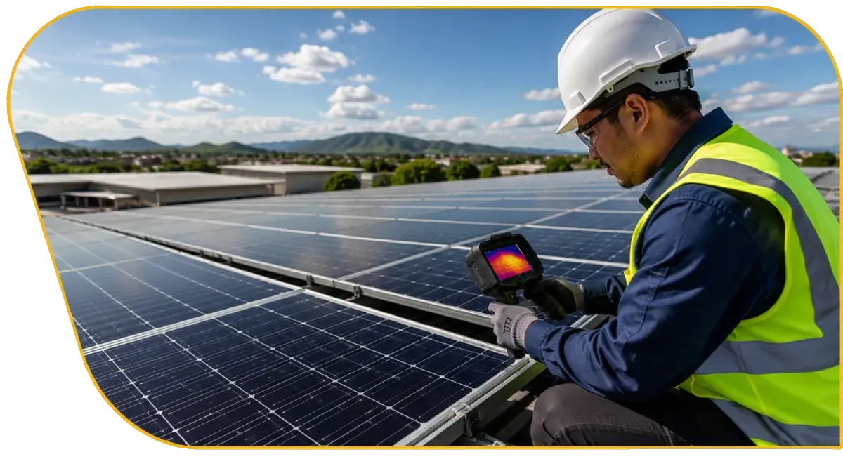 Technician in hard hat and safety vest inspecting solar panels with a handheld device under a sunny sky